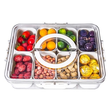 Divided Serving Tray with Lid and Handle - Snackle Box Charcuterie Container for Portable Snack Plat...