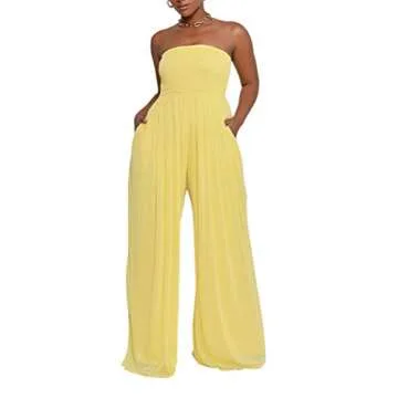Ophestin Women's Strapless Tube Wide Leg Jumpsuits Smocked Women Jumpsuits Dressy Casual Flowy One Piece Jumpsuits Rompers Yellow M