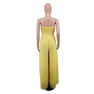 Ophestin Women's Strapless Tube Wide Leg Jumpsuits Smocked Women Jumpsuits Dressy Casual Flowy One Piece Jumpsuits Rompers Yellow M