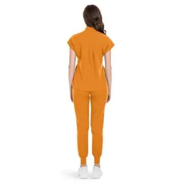niaahinn Scrubs Set for Women Nurse Uniform Jogger Suit Stretch Top & Pants with Multi Pocket for Nurse Esthetician Workwear (Mango Yellow, Large)