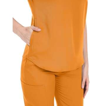 niaahinn Scrubs Set for Women Nurse Uniform Jogger Suit Stretch Top & Pants with Multi Pocket for Nurse Esthetician Workwear (Mango Yellow, Large)