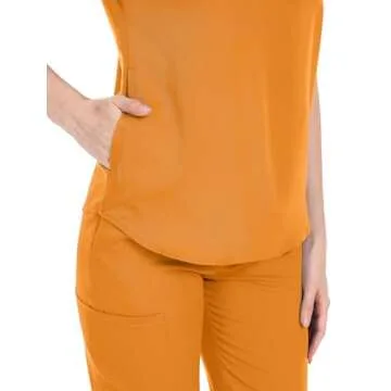 niaahinn Scrubs Set for Women Nurse Uniform Jogger Suit Stretch Top & Pants with Multi Pocket for Nurse Esthetician Workwear (Mango Yellow, Large)