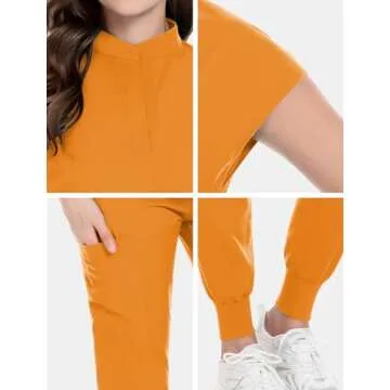 niaahinn Scrubs Set for Women Nurse Uniform Jogger Suit Stretch Top & Pants with Multi Pocket for Nurse Esthetician Workwear (Mango Yellow, Large)