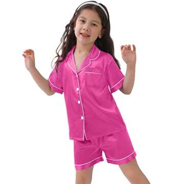 SWOMOG Kids Satin Pajamas Sets Girls Boys Button-Down Pjs Short Sleeve Silk Nightwear 2 Piece Lounge Sets Rose Red
