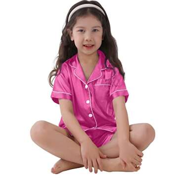 SWOMOG Kids Satin Pajamas Sets Girls Boys Button-Down Pjs Short Sleeve Silk Nightwear 2 Piece Lounge Sets Rose Red