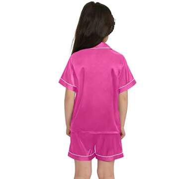 SWOMOG Kids Satin Pajamas Sets Girls Boys Button-Down Pjs Short Sleeve Silk Nightwear 2 Piece Lounge Sets Rose Red