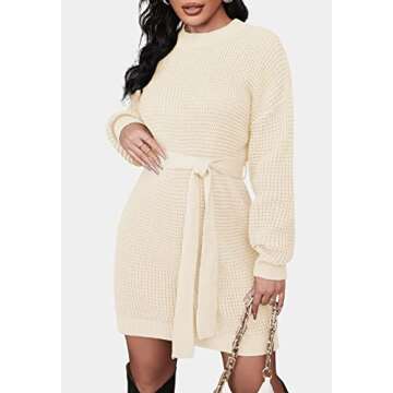 ZESICA Women's Fall Long Sleeve Solid Color Waffle Knitted Tie Wasit Tunic Pullover Sweater Dress,Beige,Medium