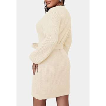 ZESICA Women's Fall Long Sleeve Solid Color Waffle Knitted Tie Wasit Tunic Pullover Sweater Dress,Beige,Medium