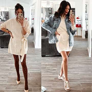 ZESICA Women's Fall Long Sleeve Solid Color Waffle Knitted Tie Wasit Tunic Pullover Sweater Dress,Beige,Medium