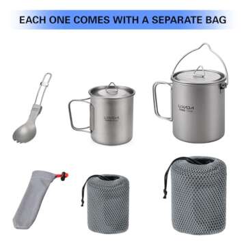 Lixada Camping Titanium Pot,750ml Titanium Pot with 450ml Water Cup Mug Folding Spork Camping Cookware Set for Outdoor Camping Hiking Backpacking