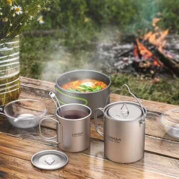 Lixada Camping Titanium Pot,750ml Titanium Pot with 450ml Water Cup Mug Folding Spork Camping Cookware Set for Outdoor Camping Hiking Backpacking
