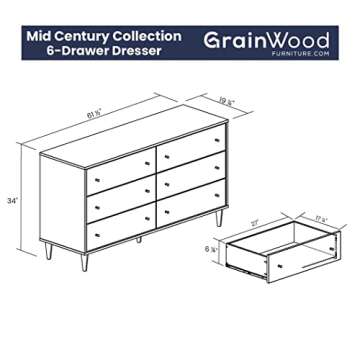 Grain Wood Furniture Mid Century 6-Drawer Dresser - Sustainable Style in Brushed Walnut