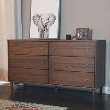 Mid Century 6-Drawer Dresser in Brushed Walnut Finish