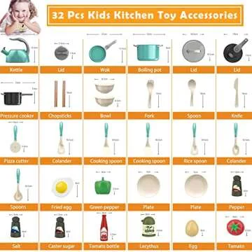 Bruvoalon 32Pcs Kids Play Kitchen Toys Set, Toddlers Pretend Cooking Playset Acccessories with Pots Pans, Utensils Cookware, Foods, Canned Veges, Learning Gift for Kids Girls Boys (Green)