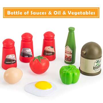 Bruvoalon 32Pcs Kids Play Kitchen Toys Set, Toddlers Pretend Cooking Playset Acccessories with Pots Pans, Utensils Cookware, Foods, Canned Veges, Learning Gift for Kids Girls Boys (Green)