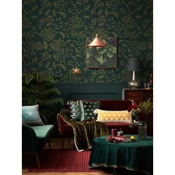 Heroad Peel and Stick Wallpaper 236" x 17.3" Dark Green Contact Paper Gold Floral Wall Paper Modern Boho Removable Contact Paper for Cabinets Drawers Bedroom Self Adhesive Vinyl Papel Tapiz Para Pared