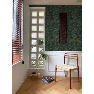 Heroad Peel and Stick Wallpaper 236" x 17.3" Dark Green Contact Paper Gold Floral Wall Paper Modern Boho Removable Contact Paper for Cabinets Drawers Bedroom Self Adhesive Vinyl Papel Tapiz Para Pared