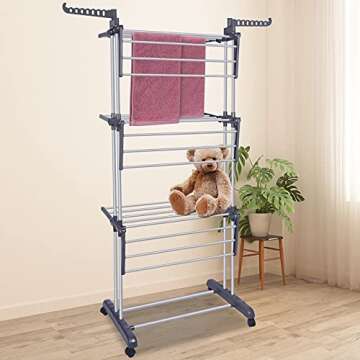 Bigzzia Clothes Drying Rack Folding Drying Rack Clothing 4 Tier Clothes Horses Rack Stainless Steel ...