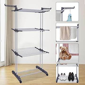Bigzzia Clothes Drying Rack Folding Drying Rack Clothing 4 Tier Clothes Horses Rack Stainless Steel Laundry Drying Rack with Two Side Wings Grey