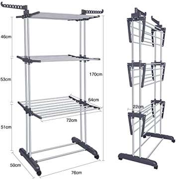 Bigzzia Clothes Drying Rack Folding Drying Rack Clothing 4 Tier Clothes Horses Rack Stainless Steel Laundry Drying Rack with Two Side Wings Grey