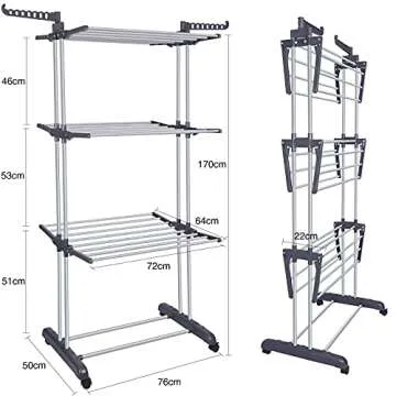 Bigzzia Clothes Drying Rack Folding Drying Rack Clothing 4 Tier Clothes Horses Rack Stainless Steel Laundry Drying Rack with Two Side Wings Grey