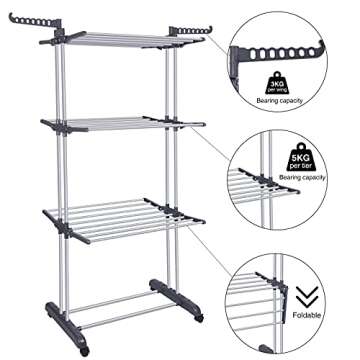 Bigzzia Clothes Drying Rack Folding Drying Rack Clothing 4 Tier Clothes Horses Rack Stainless Steel Laundry Drying Rack with Two Side Wings Grey