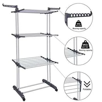 Bigzzia Clothes Drying Rack Folding Drying Rack Clothing 4 Tier Clothes Horses Rack Stainless Steel Laundry Drying Rack with Two Side Wings Grey