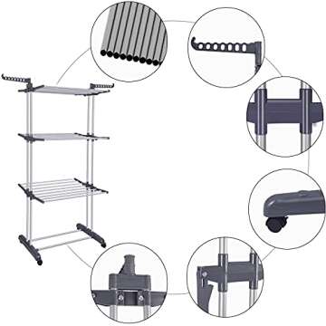 Bigzzia Clothes Drying Rack Folding Drying Rack Clothing 4 Tier Clothes Horses Rack Stainless Steel Laundry Drying Rack with Two Side Wings Grey