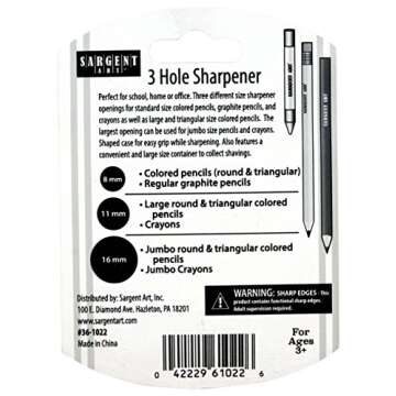 Sargent Art 3 Manual Hole Pencil Sharpeners - 3 Holes With Lid - Portable Colored Pencil Sharpener -...