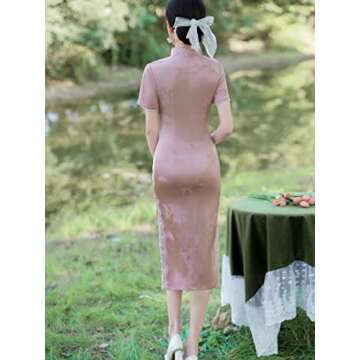 SUETOR Womens Art Jacquard Cheongsam Dress, Split Bodycon Elegant Chinese Qipao -6611 Pink,S