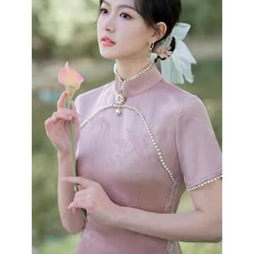 SUETOR Womens Art Jacquard Cheongsam Dress, Split Bodycon Elegant Chinese Qipao -6611 Pink,S