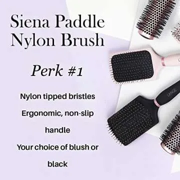 L’ange Hair Siena Paddle Nylon Brush | Helps Groom and Detangle All Types of Hair | Heat-Resistant Nylon-Tipped Bristles | Black