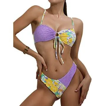 Romwe Women's Floral Print 2 Piece Swimsuit Knot Frint Cheeky High Cut Bikini Bathing Suit Yellow Purple L