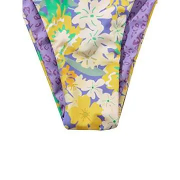 Romwe Women's Floral Print 2 Piece Swimsuit Knot Frint Cheeky High Cut Bikini Bathing Suit Yellow Purple L