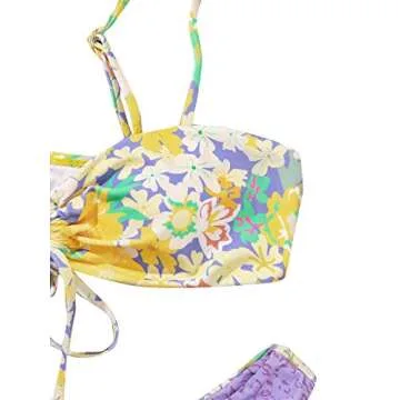 Romwe Women's Floral Print 2 Piece Swimsuit Knot Frint Cheeky High Cut Bikini Bathing Suit Yellow Purple L