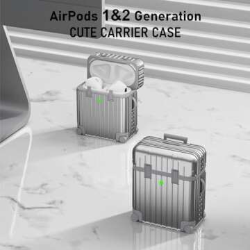 V-MORO Suitcase Case Compatible with AirPods 2nd/1st Generation, Cute Fashion Protective Hard Case with Keychain for Women and Men Silver