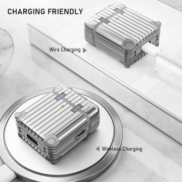 V-MORO Suitcase Case Compatible with AirPods 2nd/1st Generation, Cute Fashion Protective Hard Case with Keychain for Women and Men Silver