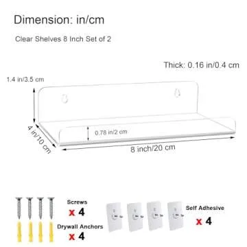 WANLIAN 8 Inch Acrylic Clear Shelves for Wall No Drilling, 2 Pack Small Adhesive Floating Shelf with Ledge, No Damage Mounted, Easily Expand Wall Space for Bedroom, Living Room, Bathroom