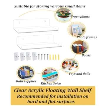 WANLIAN 8 Inch Acrylic Clear Shelves for Wall No Drilling, 2 Pack Small Adhesive Floating Shelf with Ledge, No Damage Mounted, Easily Expand Wall Space for Bedroom, Living Room, Bathroom