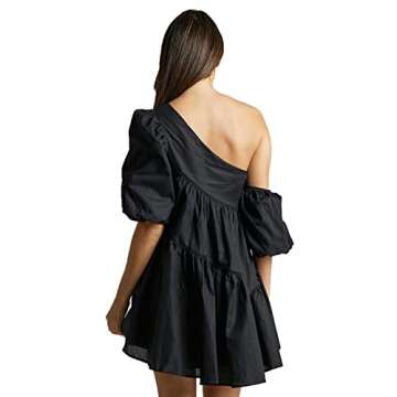 Women's One Shoulder Puff Sleeve Mini Dress Ruched Ruffle Hem Asymmetrical Trim Mini Dresses Womens Casual Dress Boho