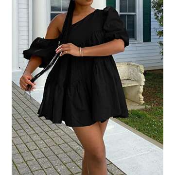 Women's One Shoulder Puff Sleeve Mini Dress Ruched Ruffle Hem Asymmetrical Trim Mini Dresses Womens Casual Dress Boho