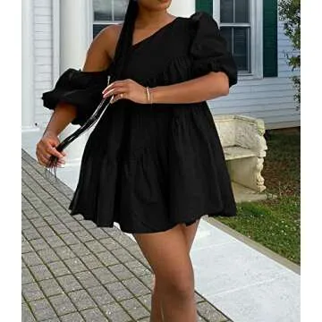 Women's One Shoulder Puff Sleeve Mini Dress Ruched Ruffle Hem Asymmetrical Trim Mini Dresses Womens Casual Dress Boho