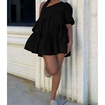 Women's One Shoulder Puff Sleeve Mini Dress Ruched Ruffle Hem Asymmetrical Trim Mini Dresses Womens Casual Dress Boho