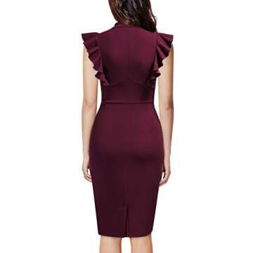 Knitee Women's Vintage Ruffle Sleeve V-Neck Bodycon Evening Party Cocktail Pencil Sheath Dress (Burg...