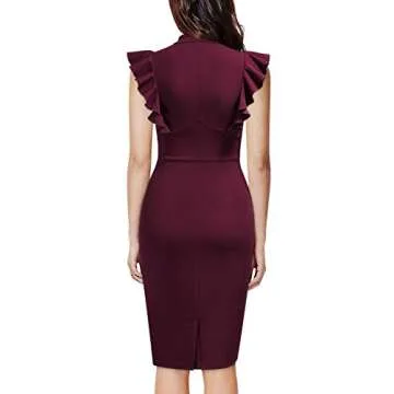 Knitee Women's Vintage Ruffle Sleeve V-Neck Bodycon Evening Party Cocktail Pencil Sheath Dress (Burg...