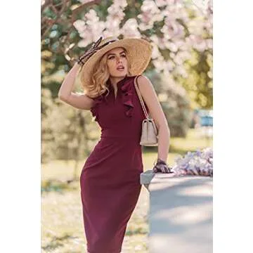 Knitee Women's Vintage Ruffle Sleeve V-Neck Bodycon Evening Party Cocktail Pencil Sheath Dress (Burgundy, Small)