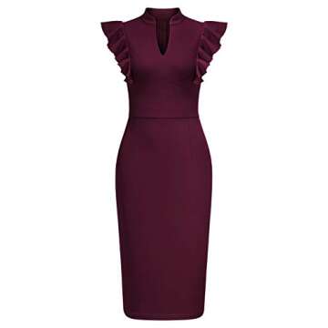 Knitee Women's Vintage Ruffle Sleeve V-Neck Bodycon Evening Party Cocktail Pencil Sheath Dress (Burgundy, Small)