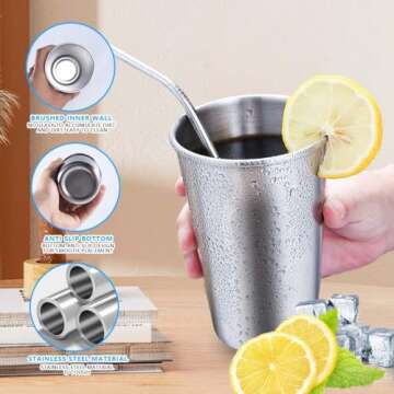 KISEER 5 Pack 16 Ounce Stainless Steel Pint Cups Shatterproof Cup Tumblers Unbreakable Metal Drinking Glasses for Bar, Home, Restaurant