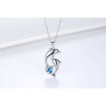Dolphin Necklace 925 Sterling Silver Mothers Day Gifts For Women Necklace Chains (Heart Blue Dolphin Necklace)