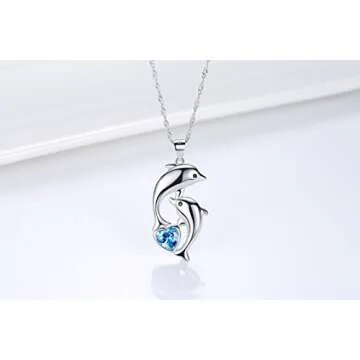 Dolphin Necklace 925 Sterling Silver Mothers Day Gifts For Women Necklace Chains (Heart Blue Dolphin Necklace)